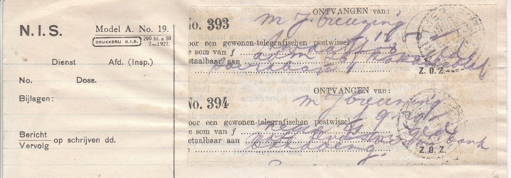 S116 nota ned indie bewijs 2 telegrafische postwissel tjepoe, Ophalen of Verzenden, Gebruikt