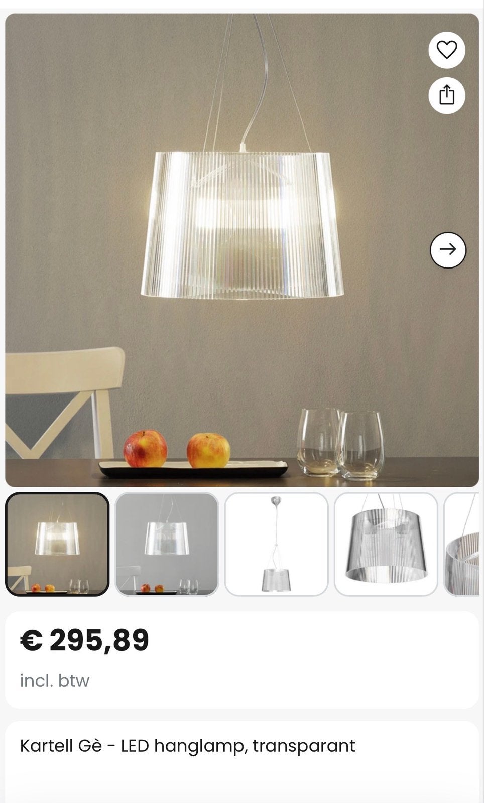 Kartell Gé LED hanglamp, transparant, Ophalen of Verzenden, Zo goed als nieuw, Kunststof, E27 (groot)