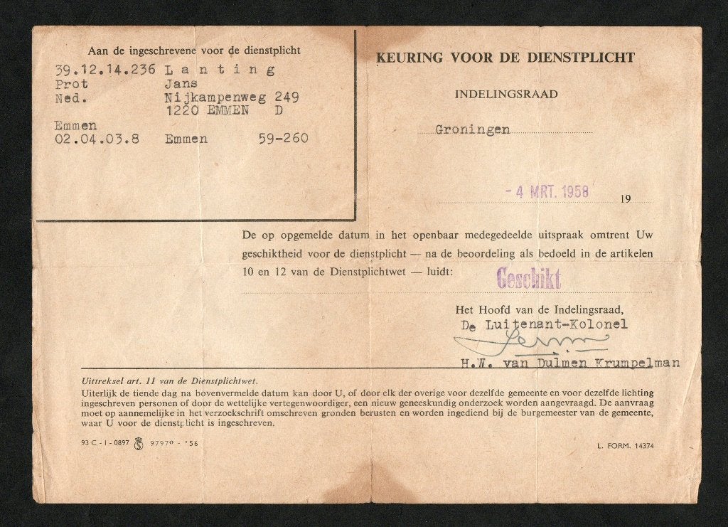 Keuring Dienstplicht Emmen Lanting Van Dulmen Krumpelman '58, Ophalen of Verzenden, Zo goed als nieuw