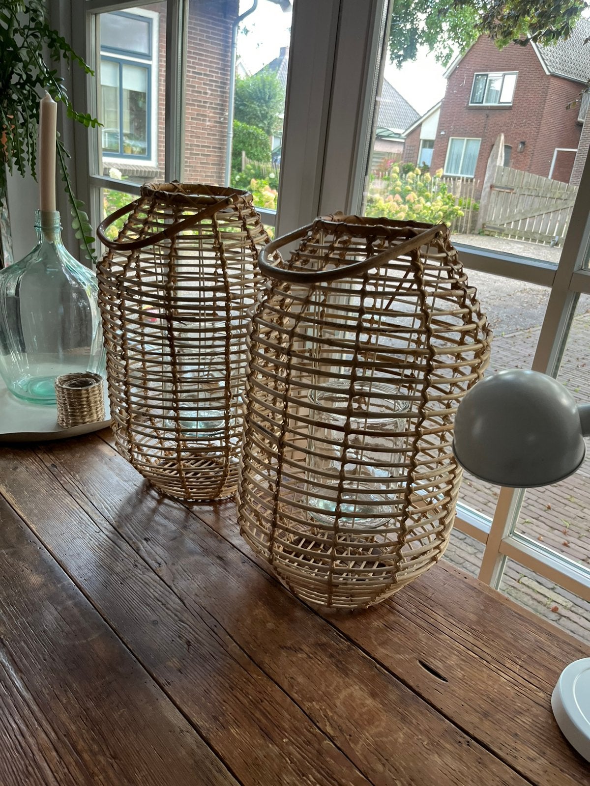 2 Lantaarns Rotan met glas Zgan, Huis en Inrichting, Ophalen, Zo goed als nieuw, Glas, Kaars