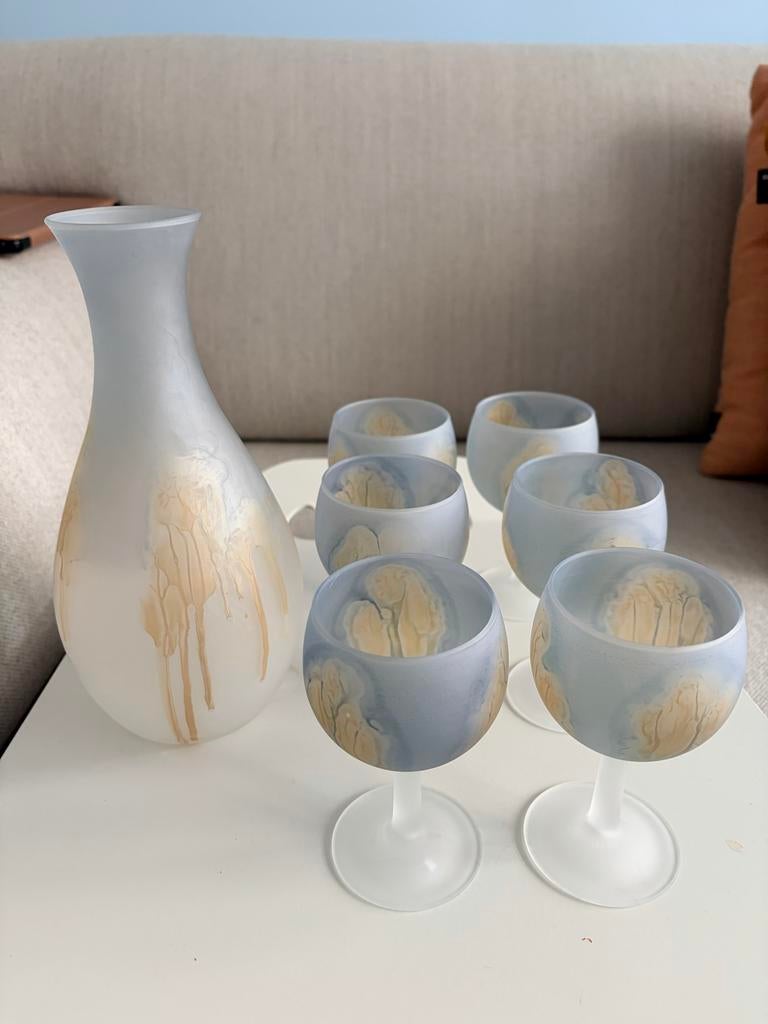 Art Nouveau Wijnset blauw Reuven - Karaf & 6 Glazen Matglas, Ophalen of Verzenden