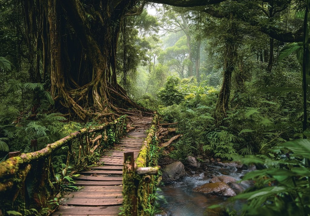 Jungle fotobehang Houten Brug, regenwoud, Muurdeco4kids, Verzenden, Groen