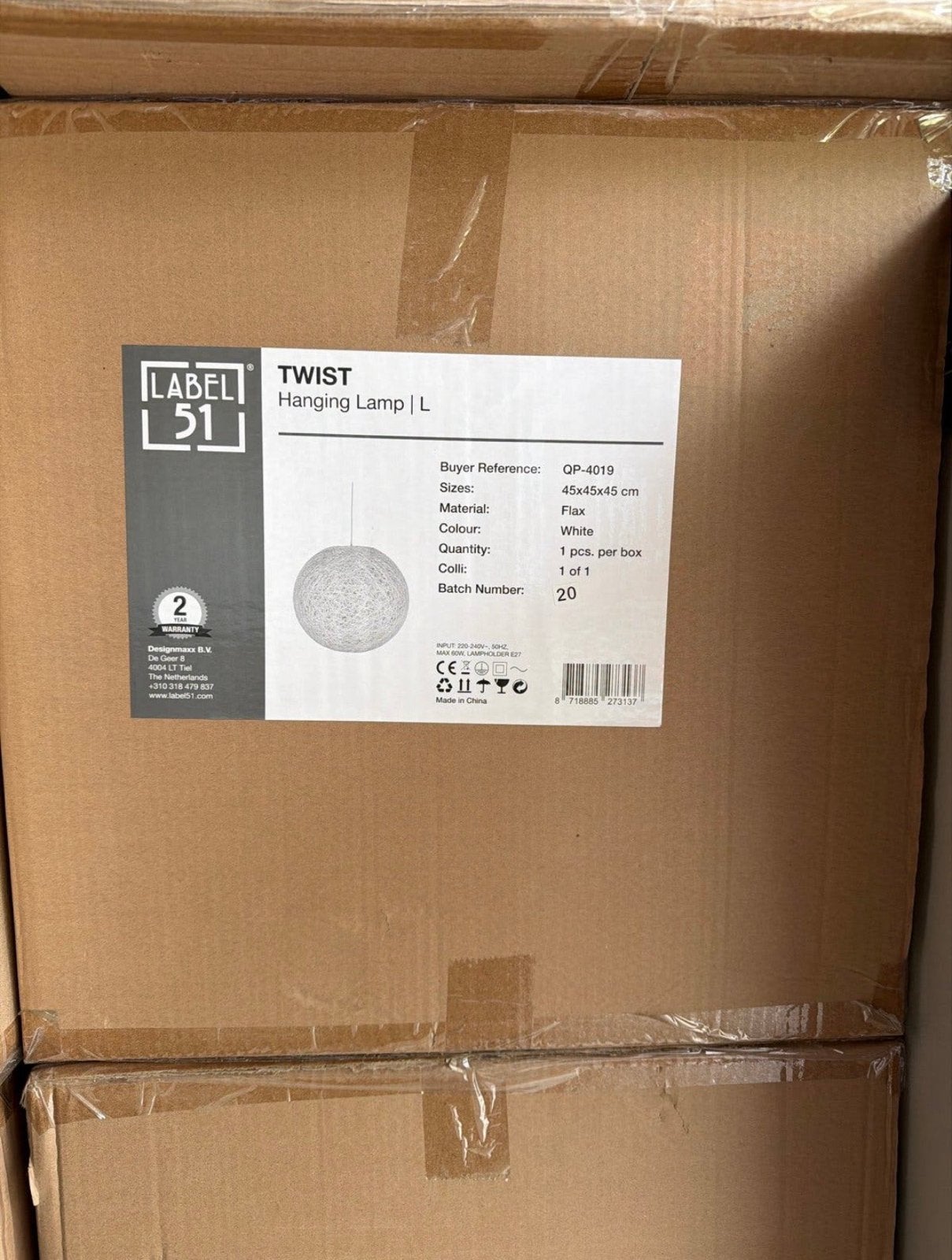 Nieuwe Label 51 Twist Hanglamp L - Wit Vlas 45x45x45 cm, Ophalen of Verzenden, Nieuw, Natuurlijk materiaal, E27 (groot)