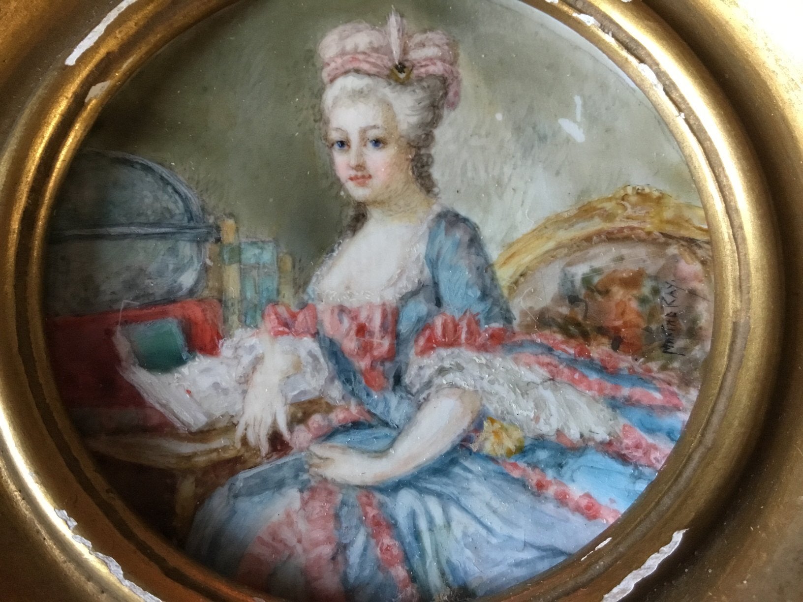Antiek miniatuur aquarel portret Marie Antoinette schilderij, Ophalen of Verzenden