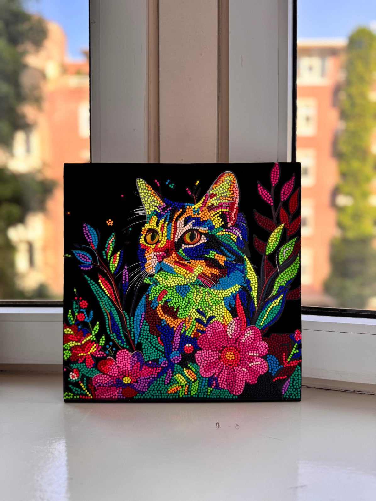 Handgemaakte diamond painting kat & bloemen, Verzenden
