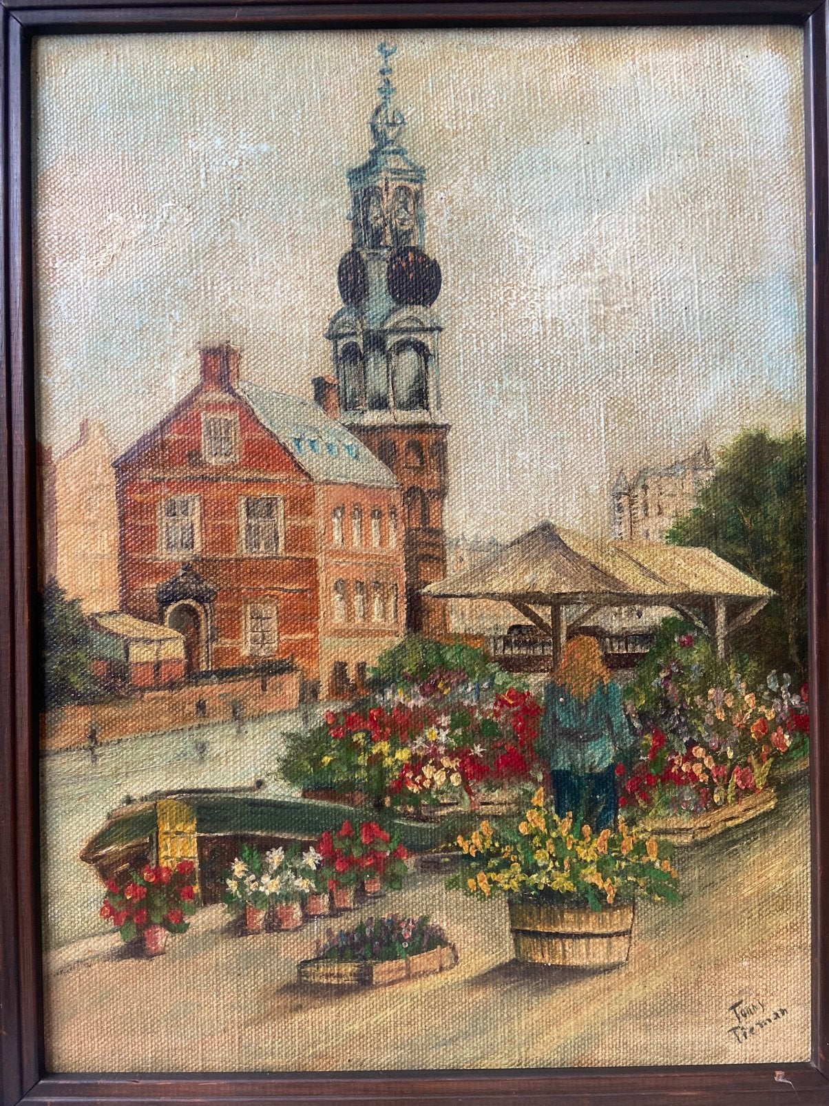 Tony Tieman, olieverfschilderij: Bloemenmarkt Amsterdam, Antiek en Kunst, Kunst | Schilderijen | Klassiek, Ophalen of Verzenden