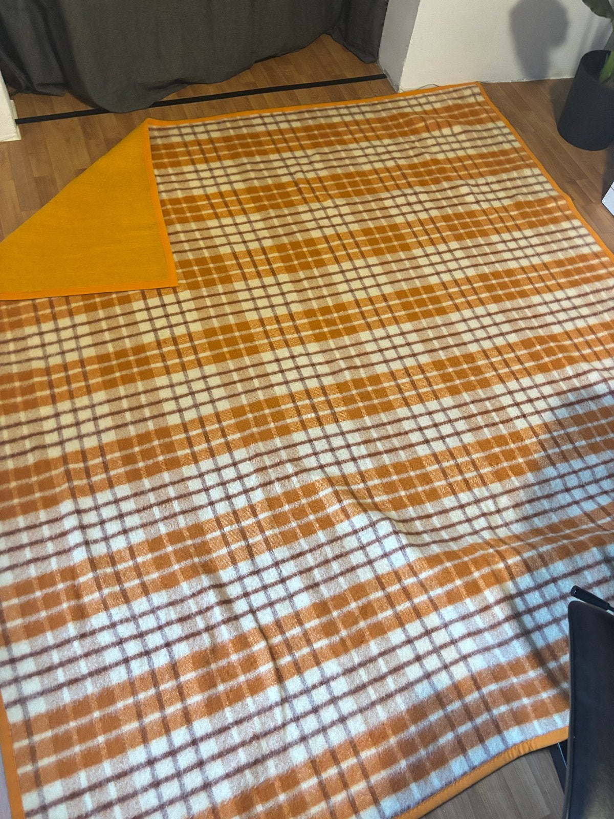 Vintage Didas wollen deken - Oranje geruit (225x235 cm), Gebruikt, Oranje, Ophalen of Verzenden, 200 cm of meer