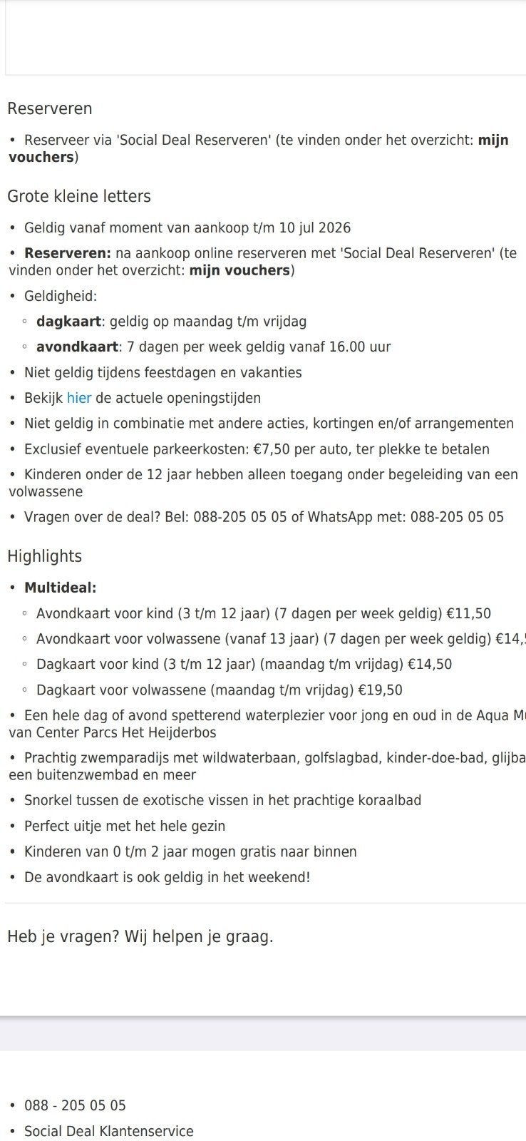 Toegangskaarten zwembad Heijderbos Center Parcs, Tickets en Kaartjes, Drie personen of meer, Overige soorten, Overige typen