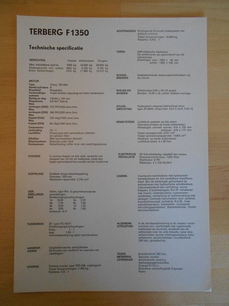 Terberg F1350 6x6 Technische Specificatie folder ca 1973, Ophalen of Verzenden, Zo goed als nieuw, Overige merken, Terberg