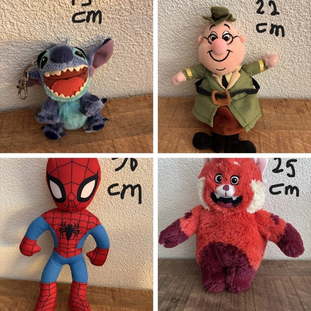Disney knuffels: Stitch, Spiderman, Turning Red. Zie FOTO's., Verzamelen, Ophalen of Verzenden, Overige figuren, Zo goed als nieuw