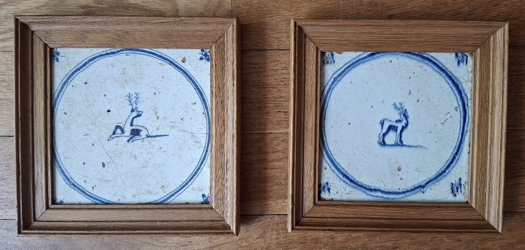 schouwtegeltjes in lijstje, set, antiek, tegels, igs!, Ophalen of Verzenden