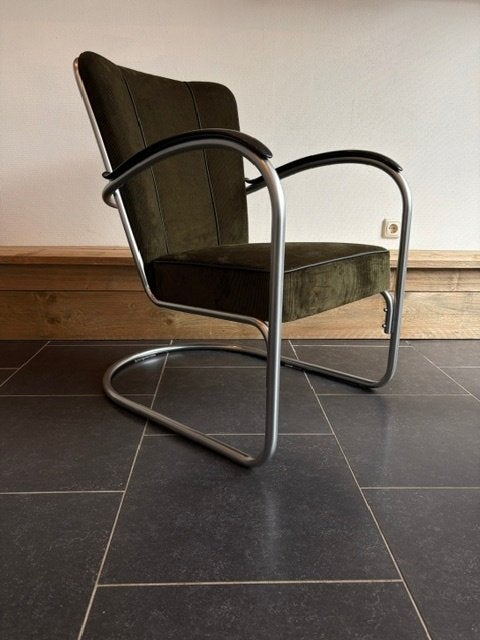 2 Gispen 412 fauteuils, zijdemat , nieuwe mosgroene ribstof, Design, 75 tot 100 cm, Zo goed als nieuw, Stof