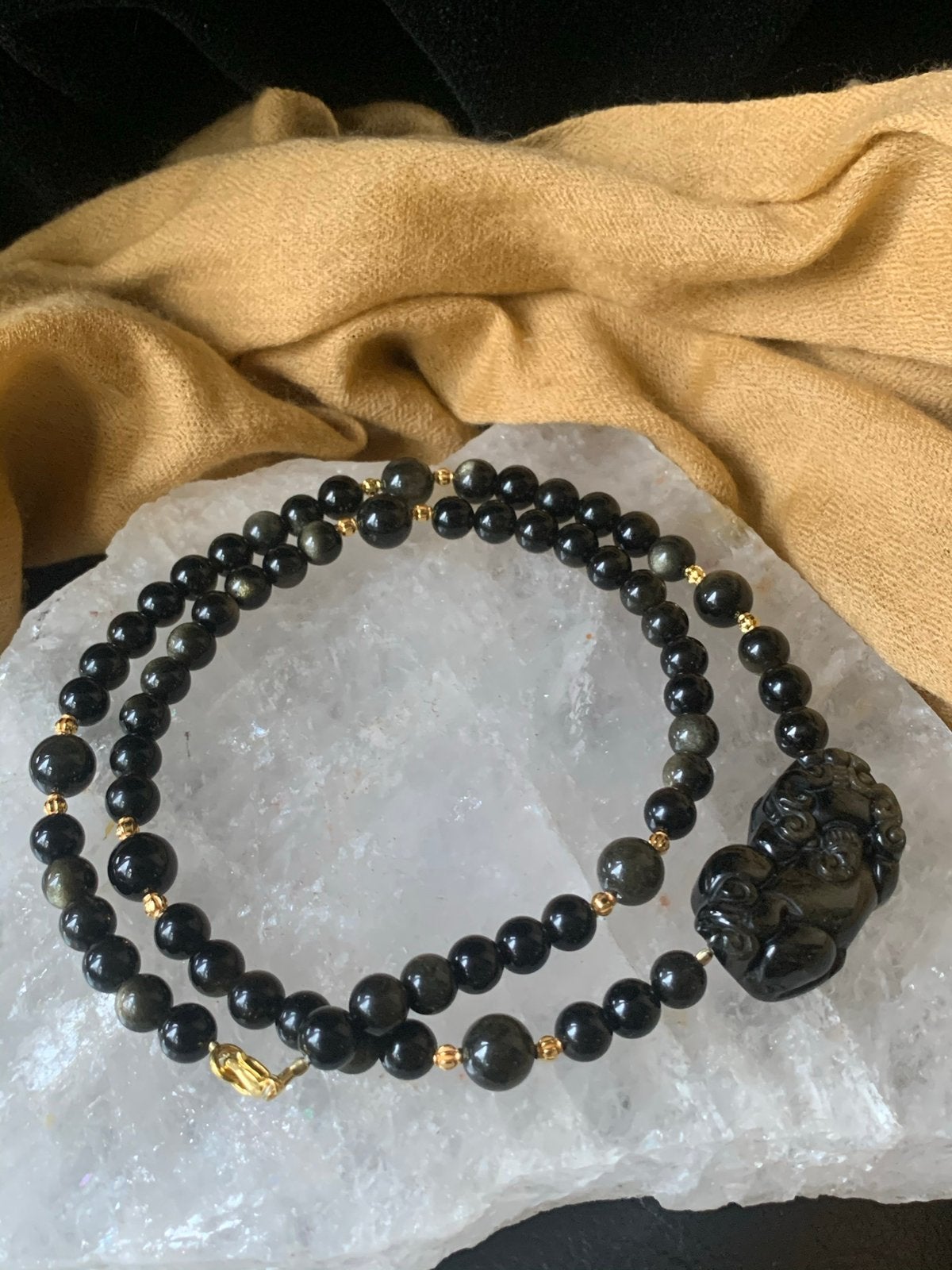 Obsidiaan pixiu amulet beschermt geluk inzicht moed uniek, Sieraden, Tassen en Uiterlijk, Kettingen, Zwart, Nieuw, Ophalen of Verzenden