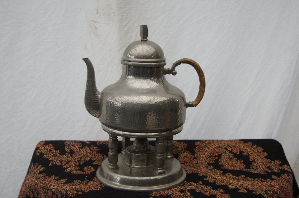 Antieke tinnen theepot met rechaud, Ophalen of Verzenden