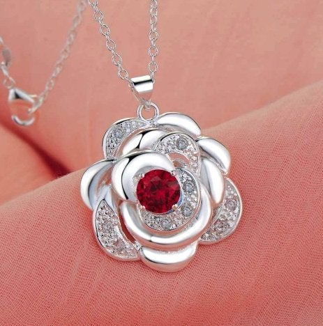 Charme 925 zilveren bloem kettinghanger met rode zirkoon, Nieuw, Ophalen of Verzenden, Zilver, Zilver