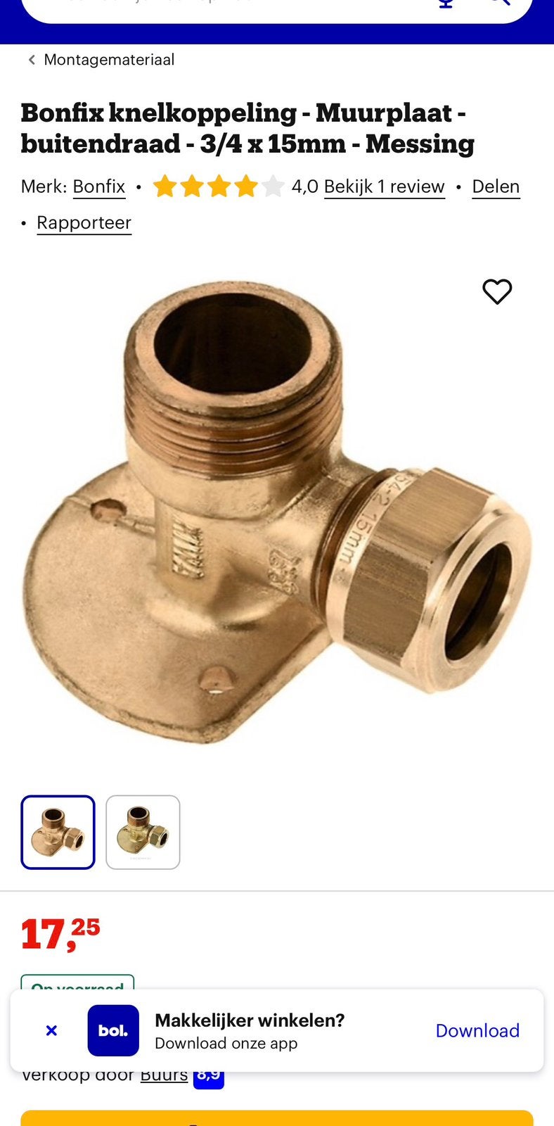 Nieuwe Bonfix knelkoppeling - Muurplaat-buitendraad - 3/4, Ophalen, Minder dan 30 cm, Overige typen, Nieuw