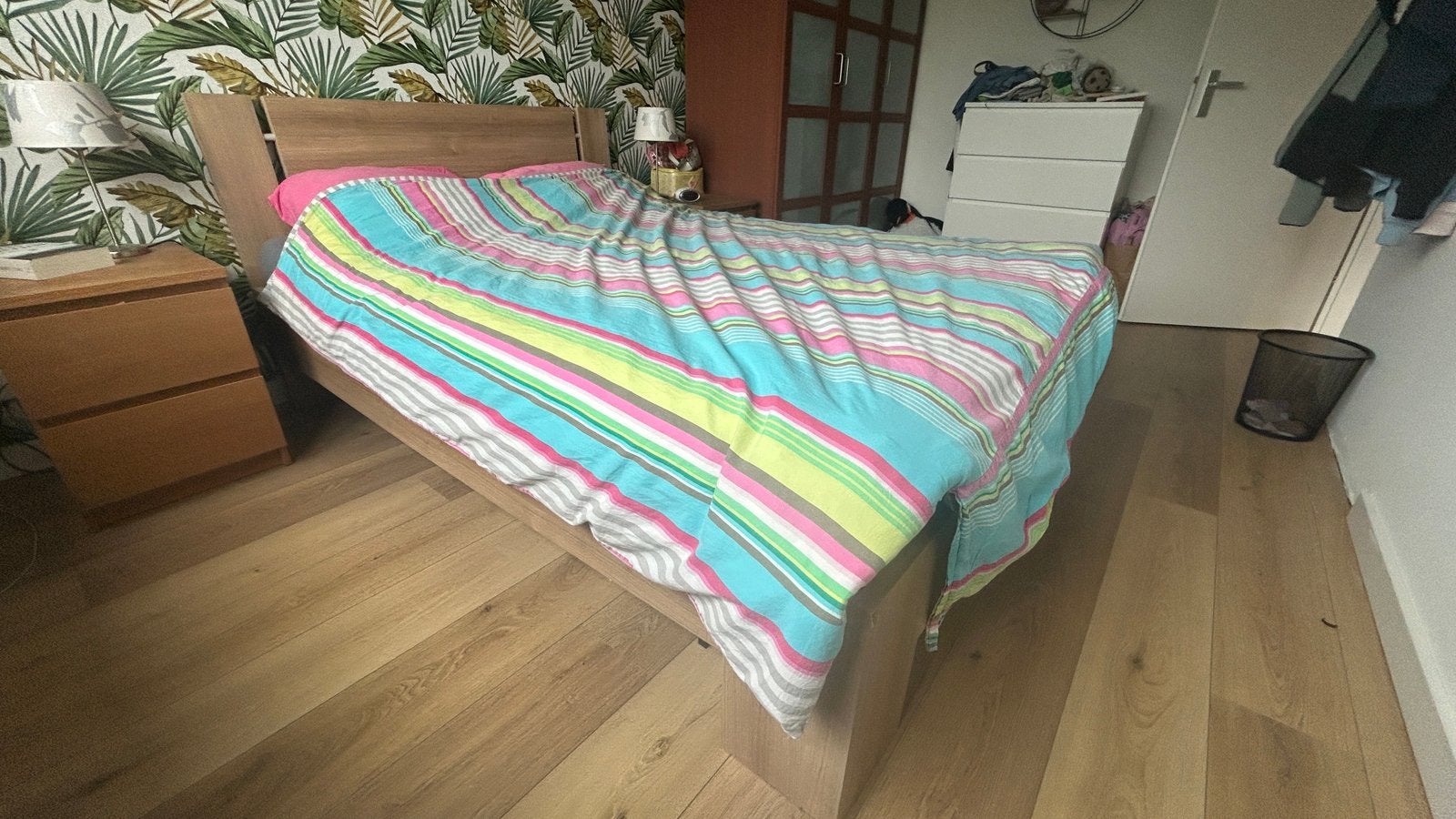 Tweepersoonsbed 140x200 cm met Emma-matras en lattenbodem, Ophalen, Bruin, Tweepersoons, 140 cm