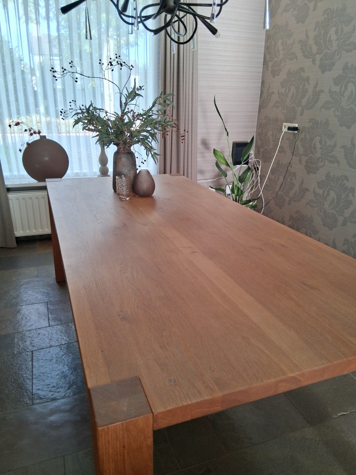 Massief eiken eettafel 2.20 bij 1.00, Huis en Inrichting, Ophalen, 100 tot 150 cm, Eikenhout, 200 cm of meer