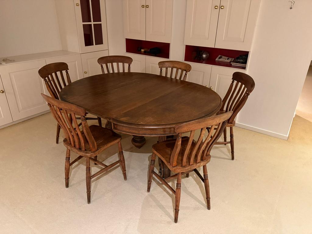 Antieke eiken houten coulissentafel en 6 windsor stoelen, Ophalen