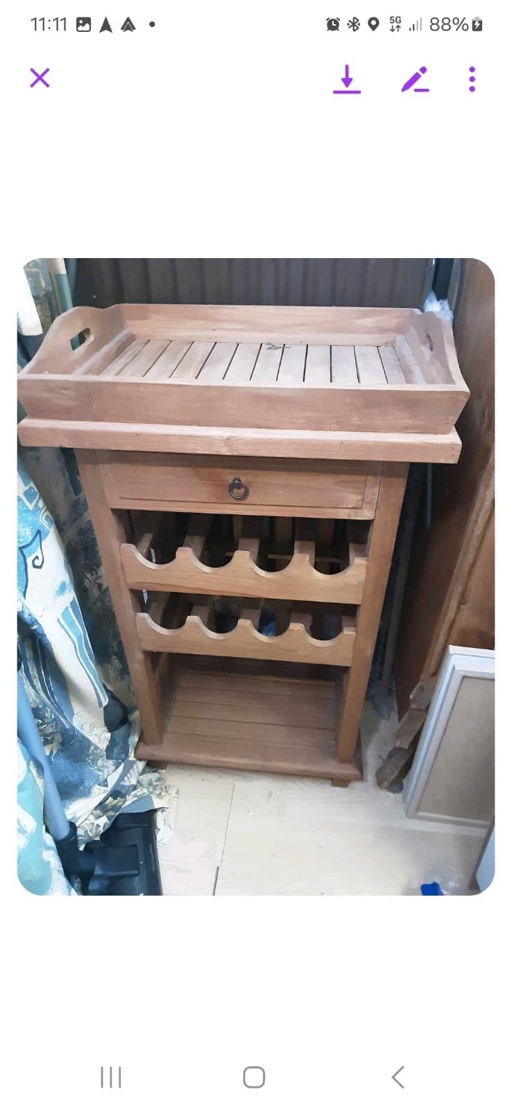 Houten wijnrek met lade en dienblad, Ophalen
