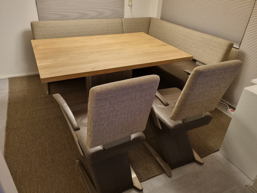 Eethoek met 2 stoelen en hoekbank, Huis en Inrichting, Stoelen, Ophalen, Gebruikt, Overige kleuren, Leer