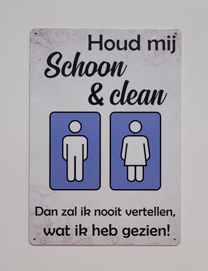 Wc Toilet schoon en clean reclamebord van metaal wandbord, Info@deconoord.nl, Deco Noord, Nieuw, Ophalen of Verzenden