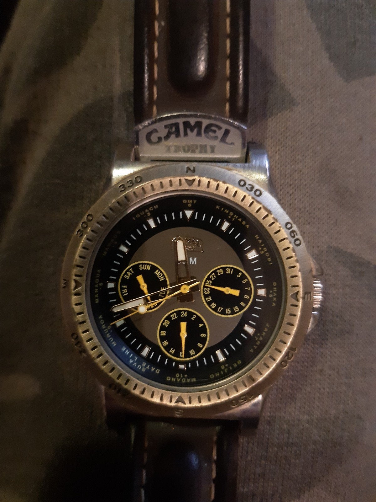 Vintage Camel Trophy Horloge met Bruin Leren Band, Overige merken, Staal, Polshorloge, Ophalen of Verzenden