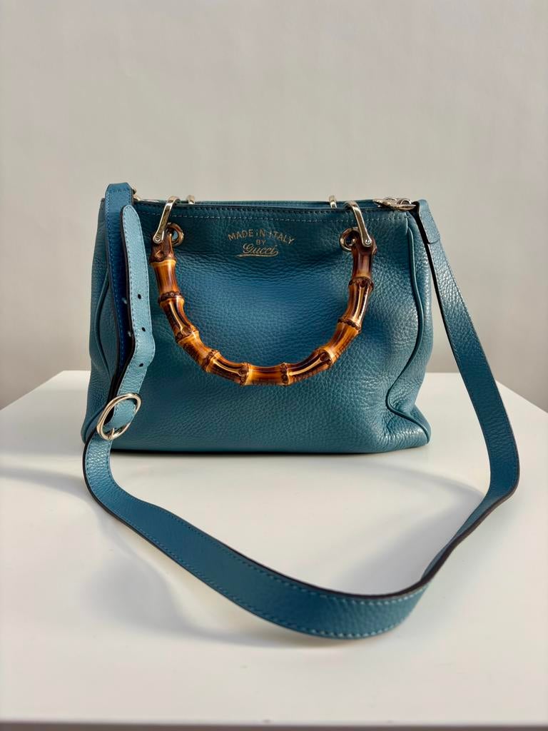 Gucci Bamboo Leren Handtas Blauw – Top Handle & Crossbody, Ophalen of Verzenden, Zo goed als nieuw, Blauw, Handtas