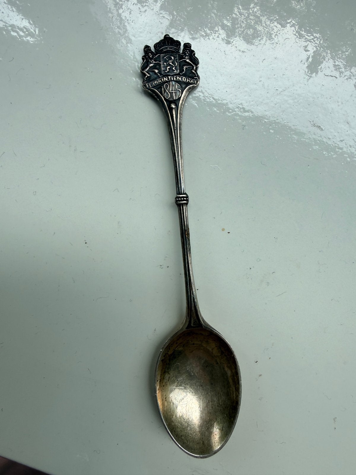 Antieke zilveren lepel met Nederlands wapen en jaartal 1845, Antiek en Kunst, Ophalen