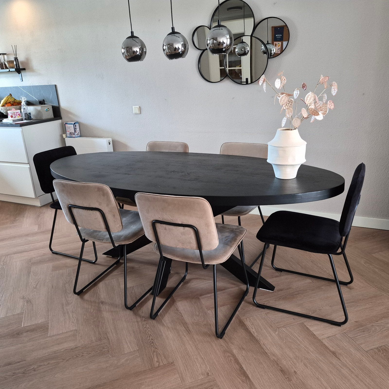 6 velvet eetkamerstoelen – champagne & zwart ZGAN, Ophalen, Zwart, Zo goed als nieuw, Stof