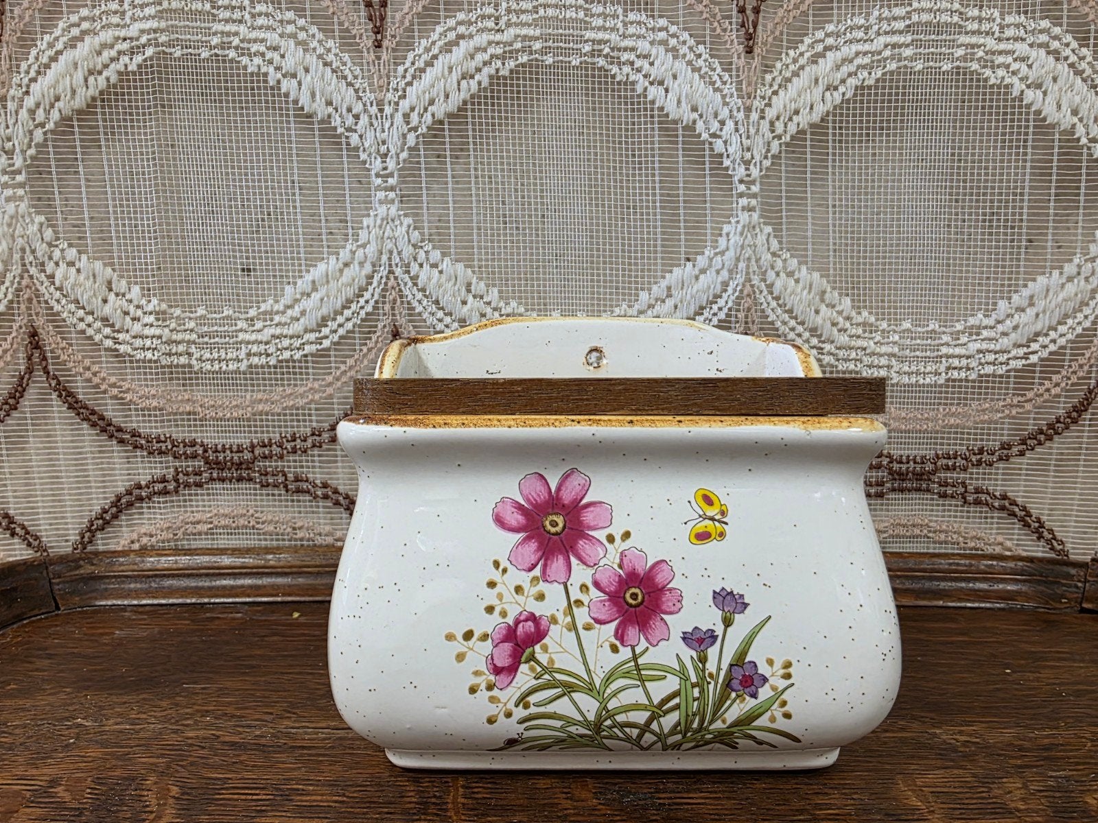 Vintage wildflower zoutpot roze bloemen met houten deksel, Ophalen of Verzenden