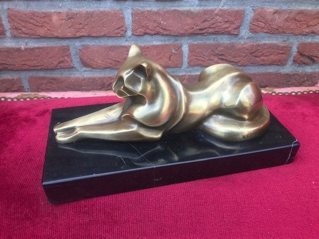 prachtbeeld! rustende kat, brons en marmer, Antiek en Kunst, Ophalen of Verzenden, Brons