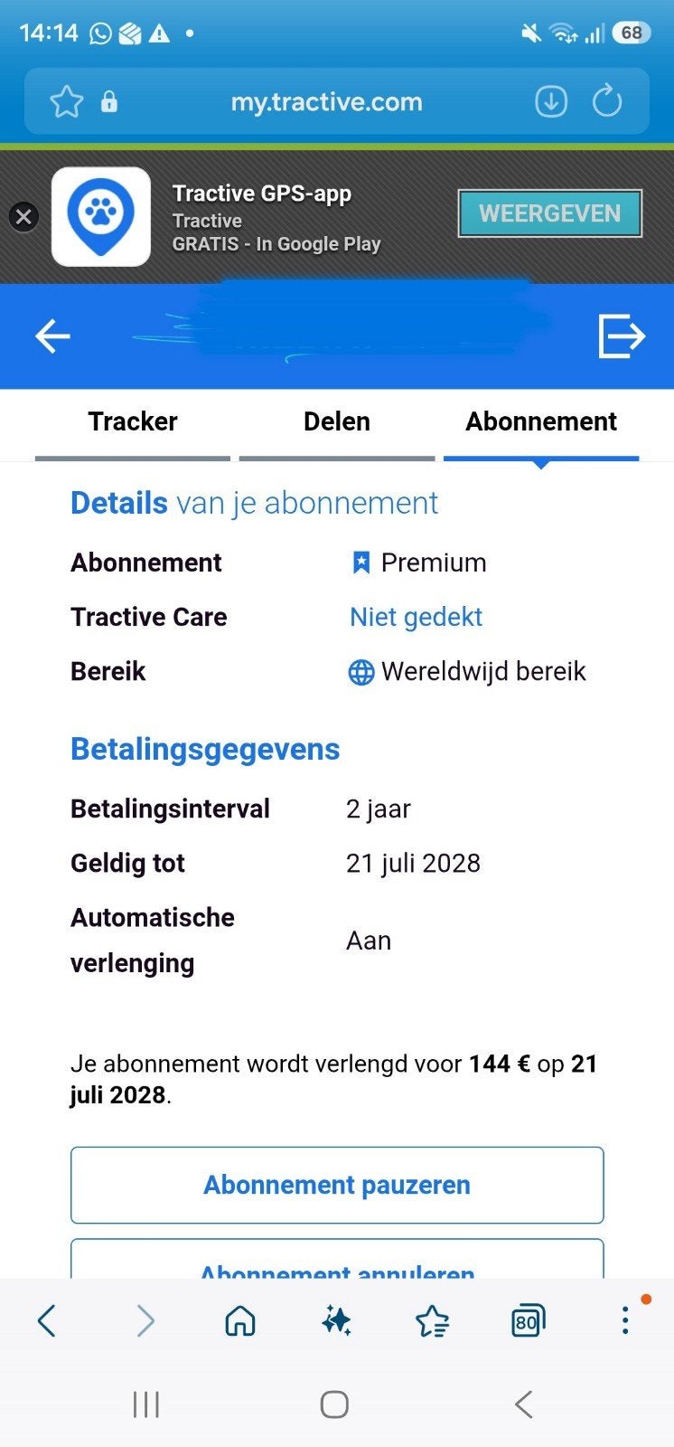 tractive abbonoment voor kat of hond, Dieren en Toebehoren, Ophalen of Verzenden, Zo goed als nieuw