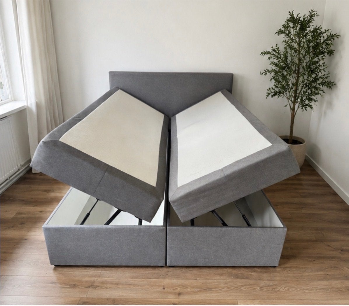 Grijze Boxspring met Handige Bergruimte - Zo Goed als Nieuw, Ophalen, Tweepersoons, Zo goed als nieuw, 200 cm