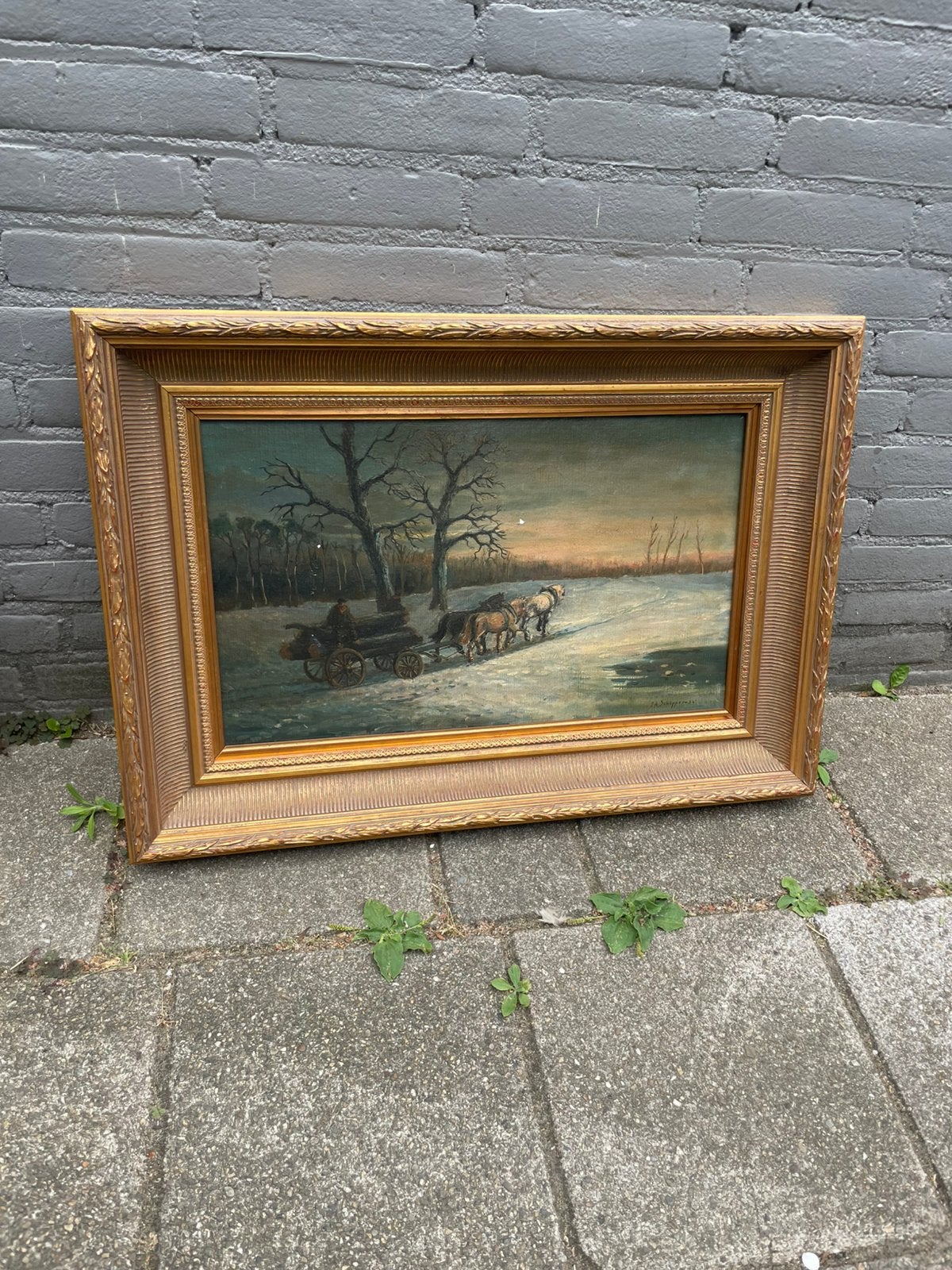Antiek Olieverfschilderij Winterlandschap Paardenspan 1936, Ophalen