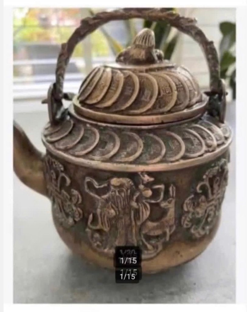 Antiek Chinese Theepot, koper, decoratief, geluksmunten, Ophalen of Verzenden