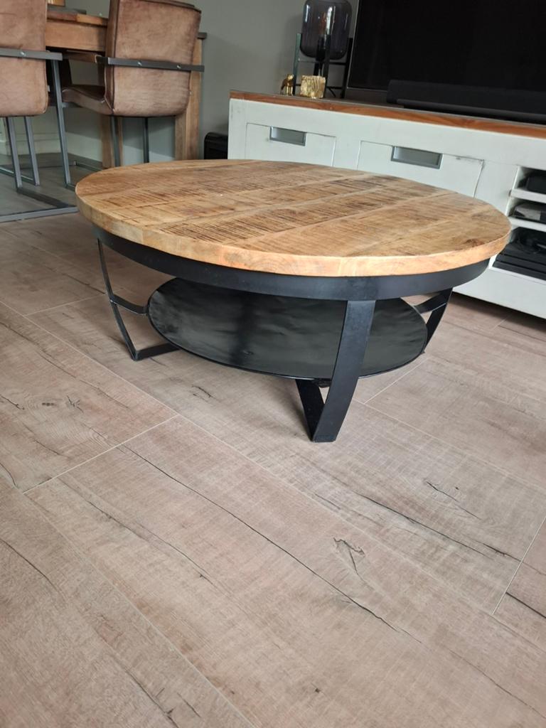 Ronde salontafel mangohout en metaal - 90cm diameter, Huis en Inrichting, Tafels | Salontafels, Gebruikt, 50 tot 100 cm, Rond
