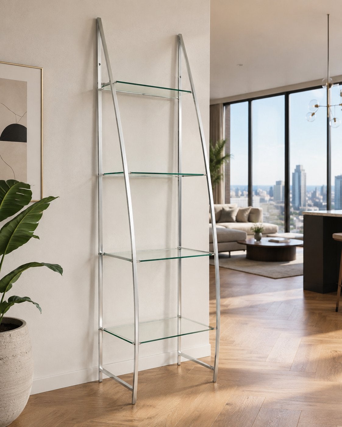 Aluminium Design Wandrek met Glazen Planken - 197x54,5x34cm, Ophalen, Zo goed als nieuw