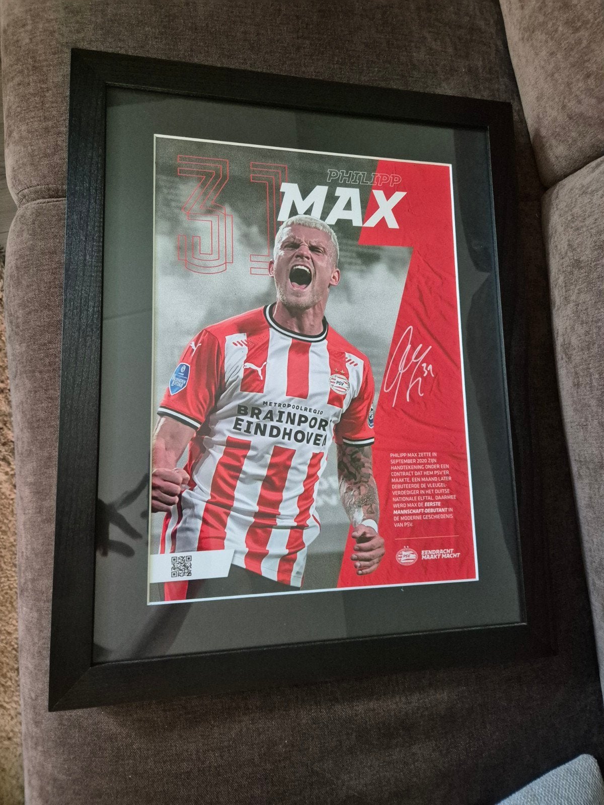 Gesigneerd Philipp Max PSV Portret met Certificaat, Verzamelen, Ophalen of Verzenden, Zo goed als nieuw, PSV, Shirt