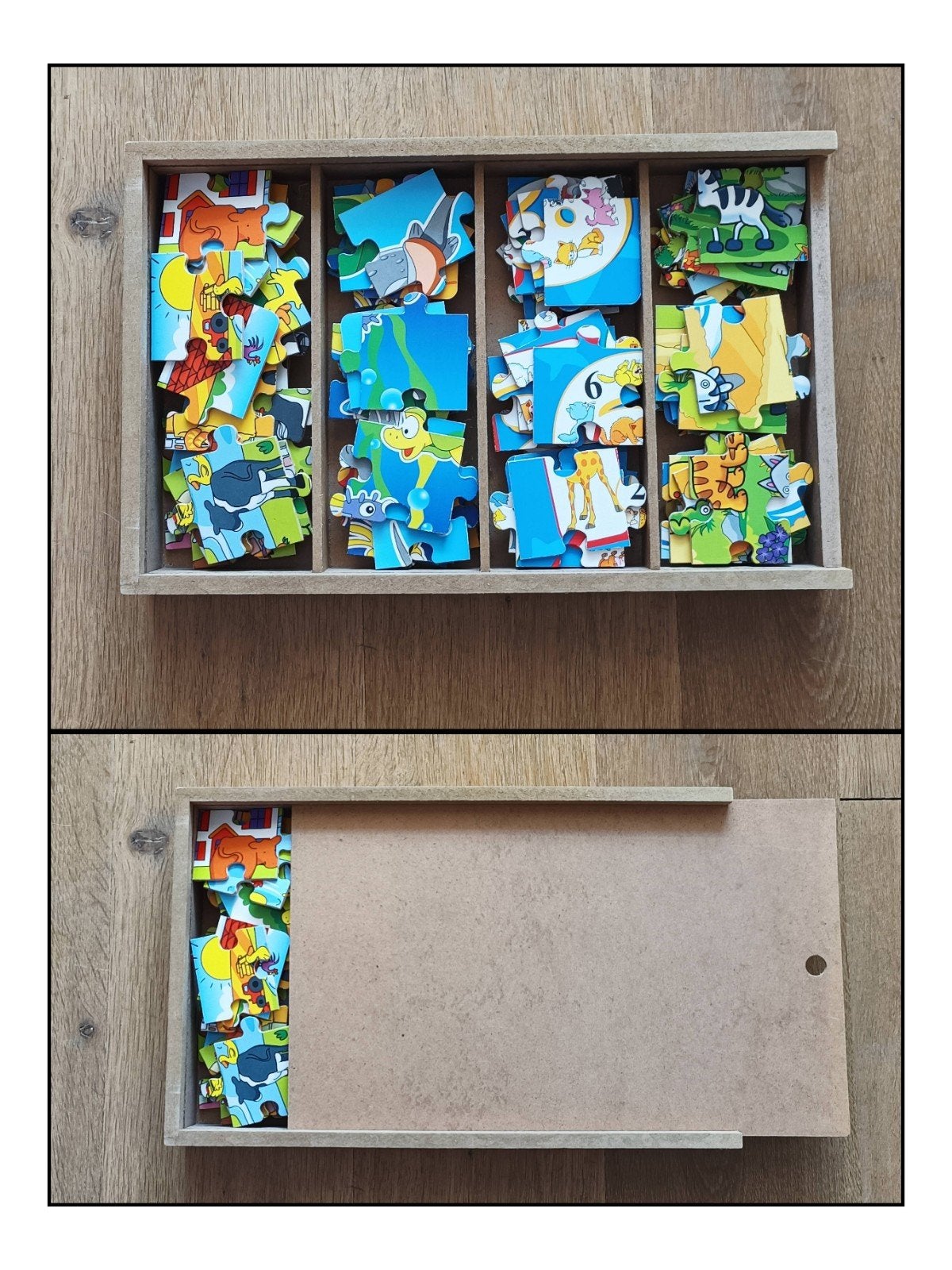 4 Houten dieren puzzels in houten opbergkist, Ophalen of Verzenden, 10 tot 50 stukjes, Zo goed als nieuw