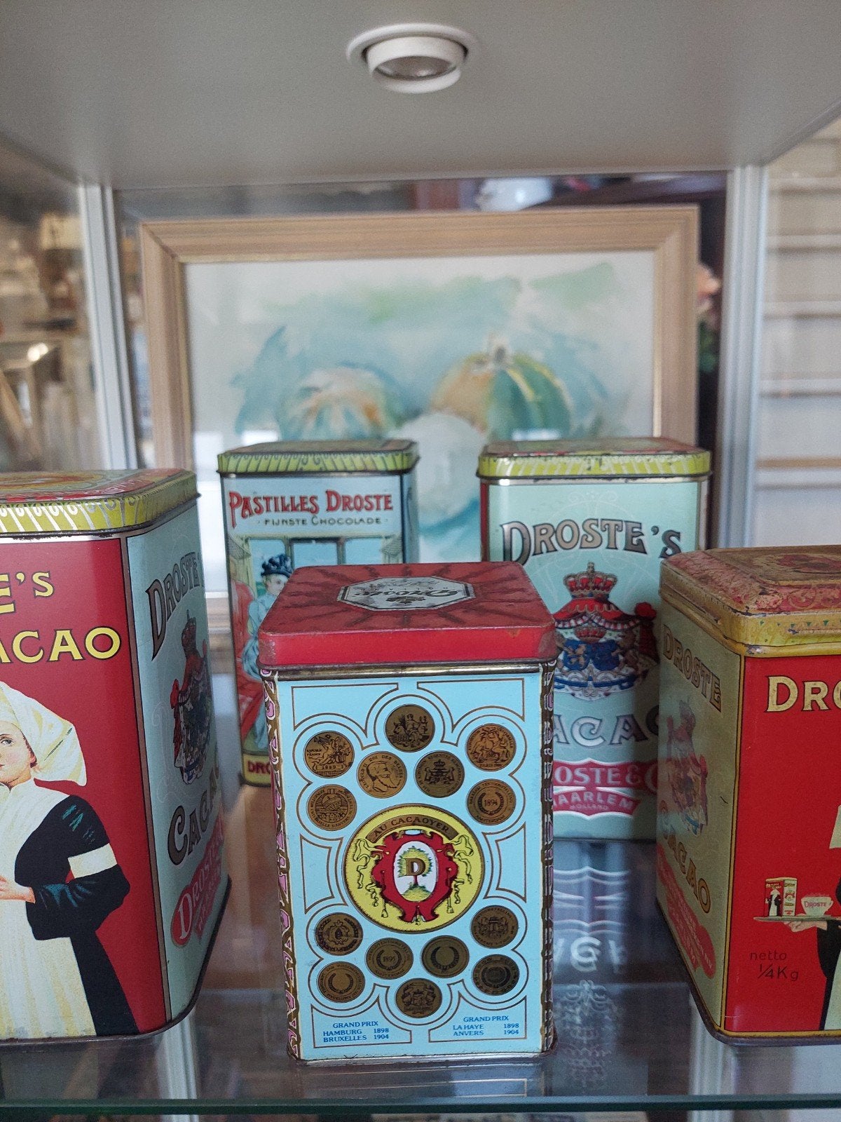 Set van 5 vintage Droste Cacao en Pastilles blikken, Ophalen of Verzenden, Gebruikt, Overige, Droste