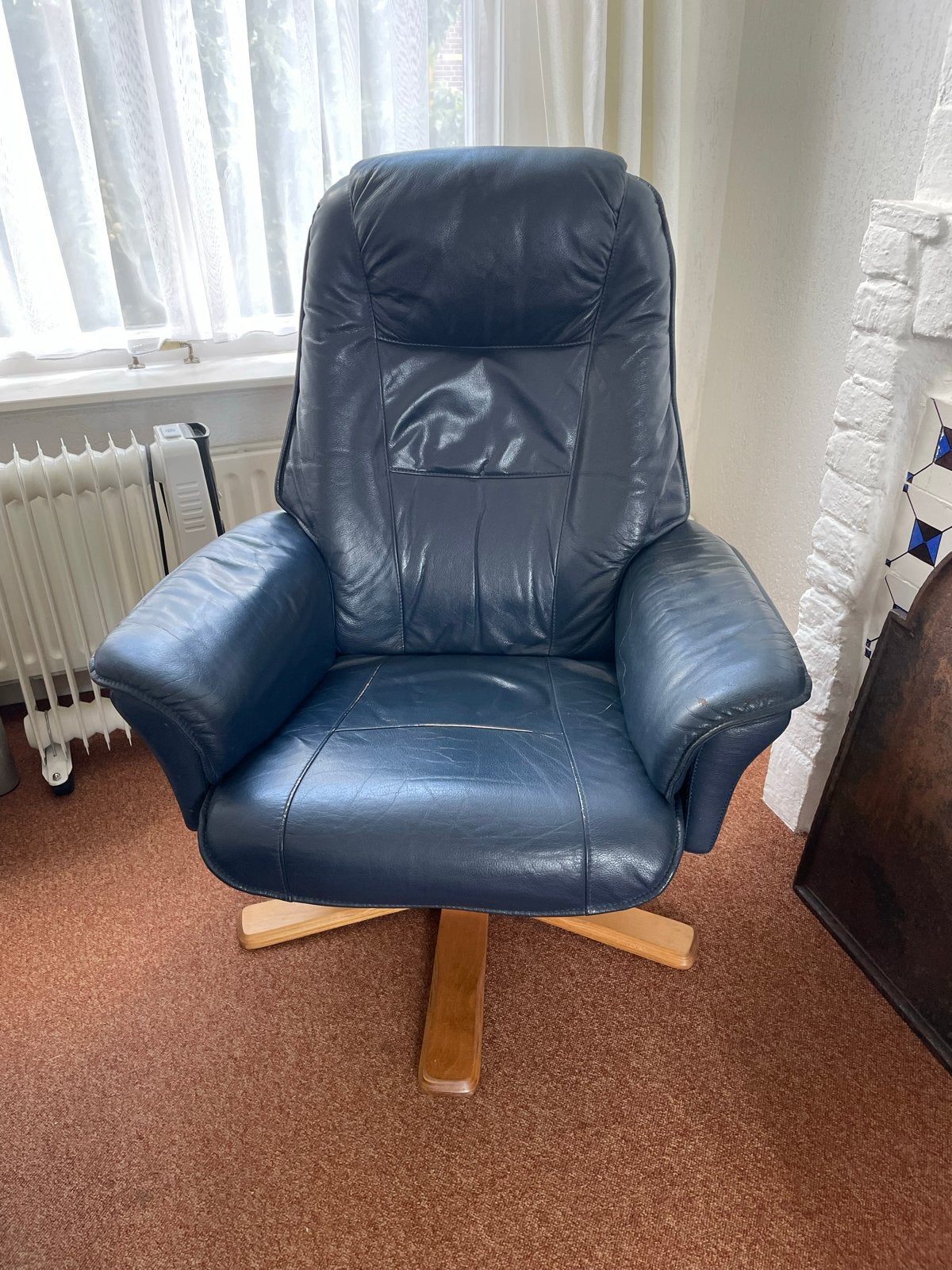 Hjort Knudsen Draaistoel Relaxfauteuil - Blauw Leer, Ophalen, Gebruikt, Leer