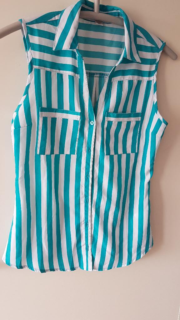 wit turquoise gestreepte mouwloze blouse maat S, Kleding | Dames, Blouses en Tunieken, Ophalen, Gedragen, Maat 36 (S), Wit