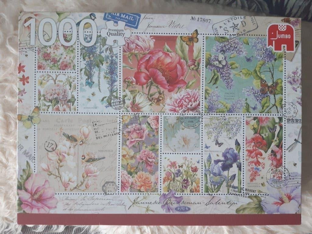 Puzzel Janneke Brinkman bloememzegels 1000 stukjes, Ophalen, 500 t/m 1500 stukjes, Zo goed als nieuw, Legpuzzel