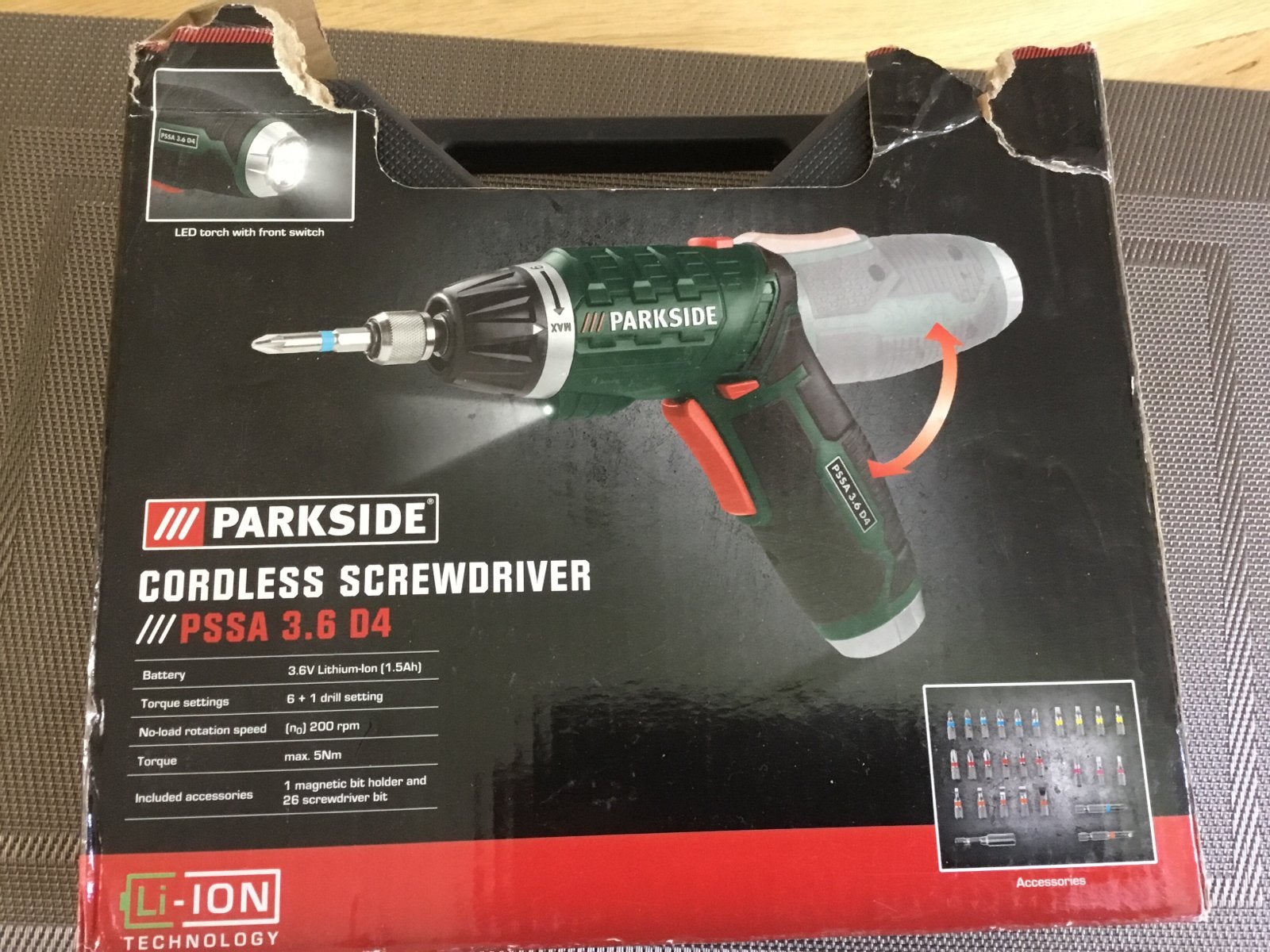 Nieuwe Parkside Accu Schroevendraaier PSSA 3.6 D4, Doe-het-zelf en Verbouw, Gereedschap | Boormachines, Variabele snelheid, Nieuw