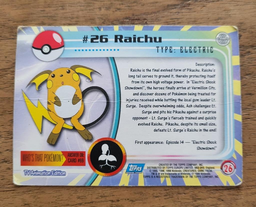 Vintage Pokemon #26 Raichu jaar 1999, Ophalen of Verzenden, Zo goed als nieuw, Losse kaart