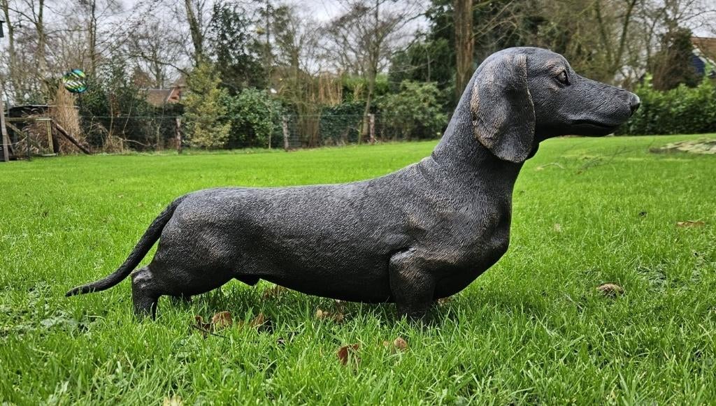 Bronzen beeld / TECKEL / 73 cm lang, Tuin en Terras, Tuinbeelden, Nieuw, Dierenbeeld, Ophalen of Verzenden