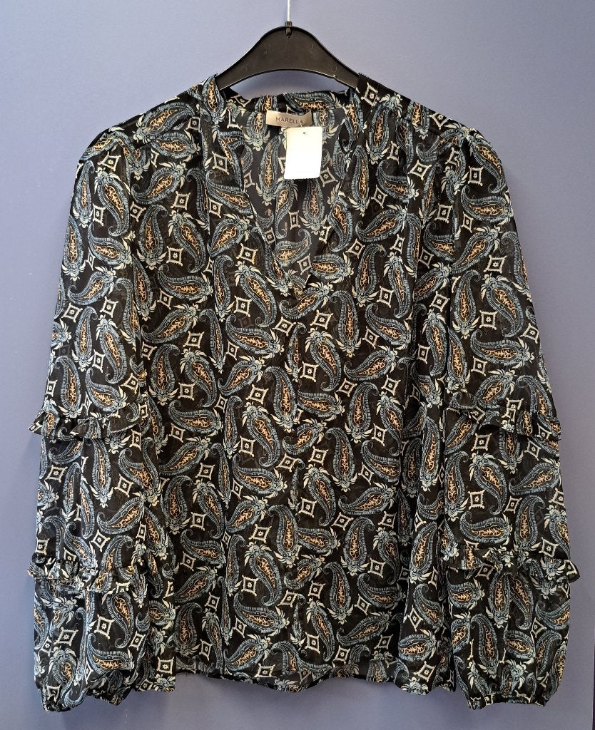 Marella blouse blauw /zwart/glitter paisley print L-XL 43502, ., Marella, Maat 42/44 (L), Zo goed als nieuw