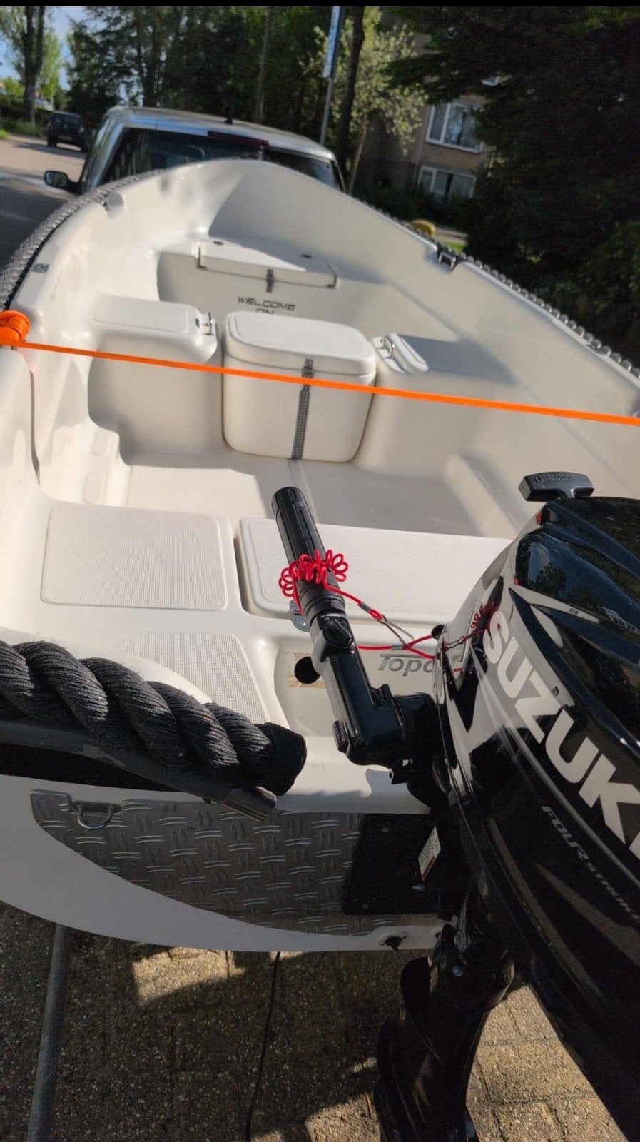 Topcraft 3.90m Hunter met Suzuki 6pk en balken trailer, Ophalen