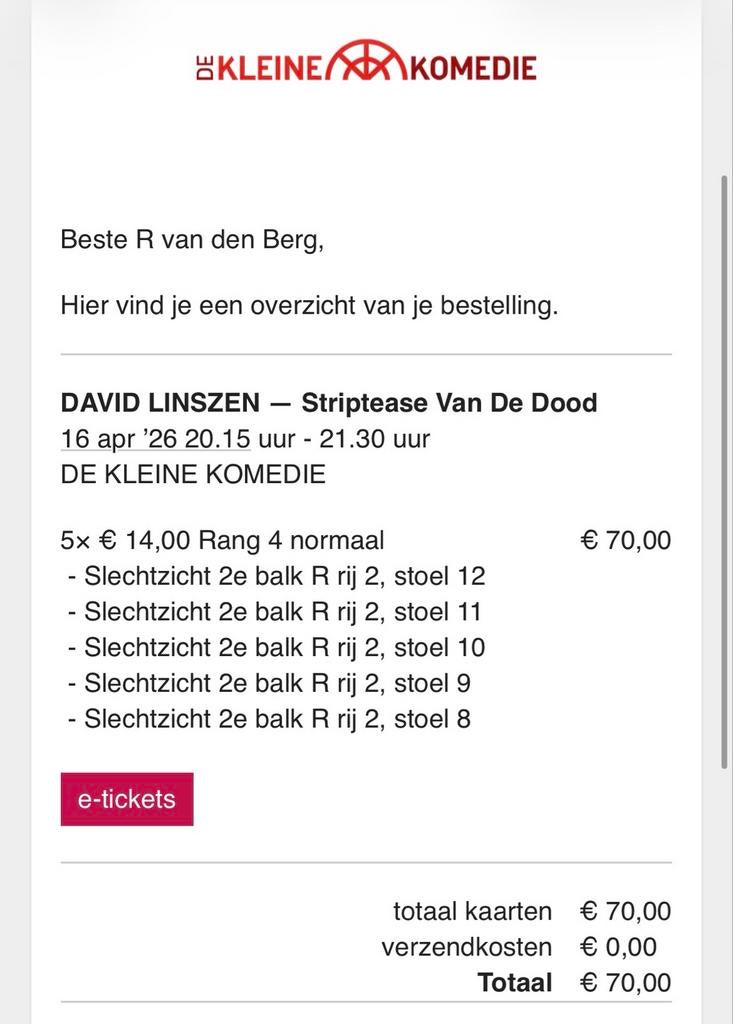 5 kaartjes David Linszen 16 april kleine komedie, Tickets en Kaartjes, Drie personen of meer, April